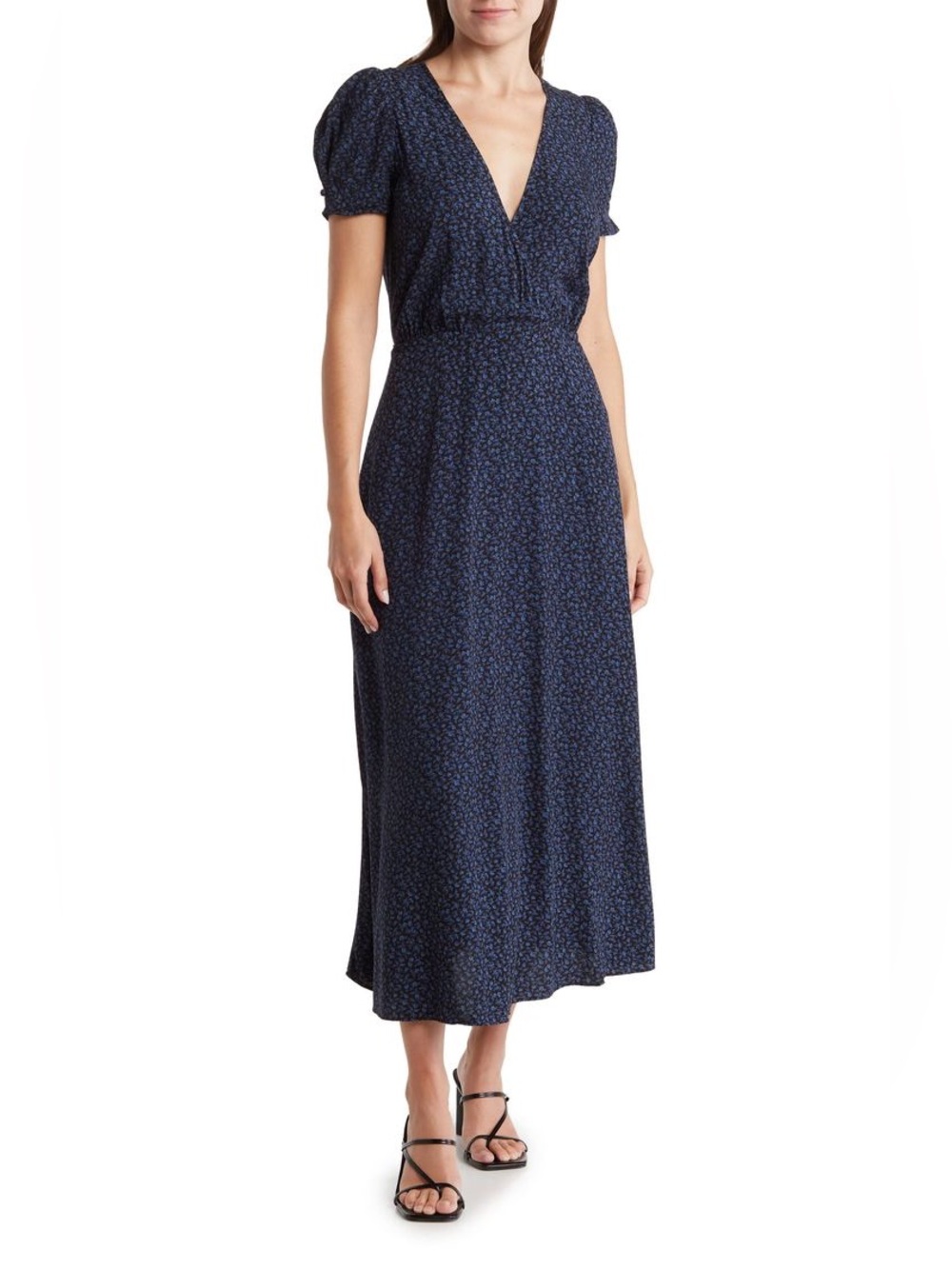 Madewell Short Sleeve V-Neck Faux
Wrap Midi in Winter Floral True Black